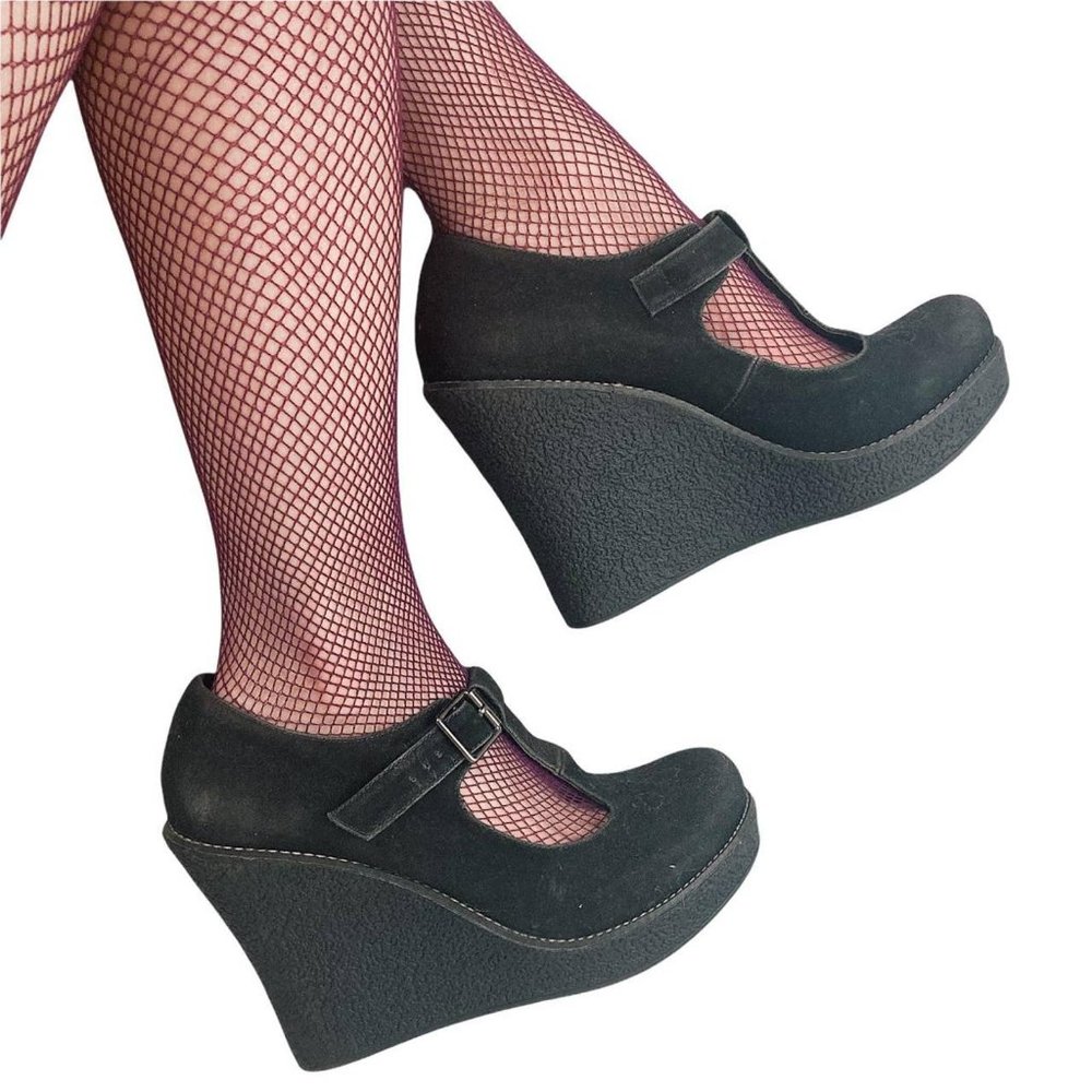 🍓VINTAGE Y2K BLACK SUEDE PLATFORM CHUNKY HEELS WITH BUCKLE🍓